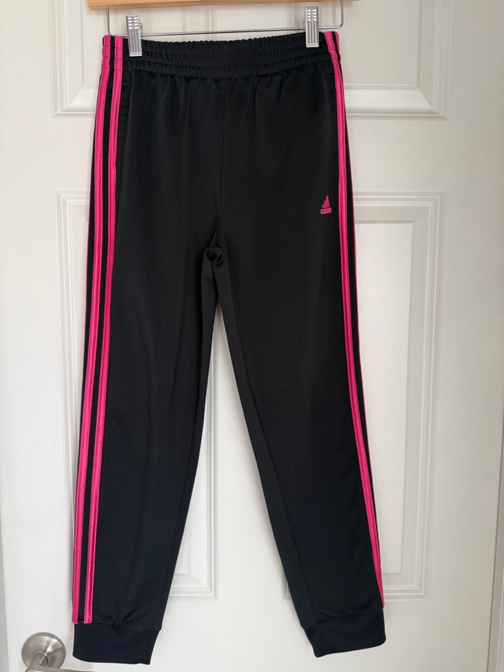 adidas Girls' Black Track Pants with Pink Stripes